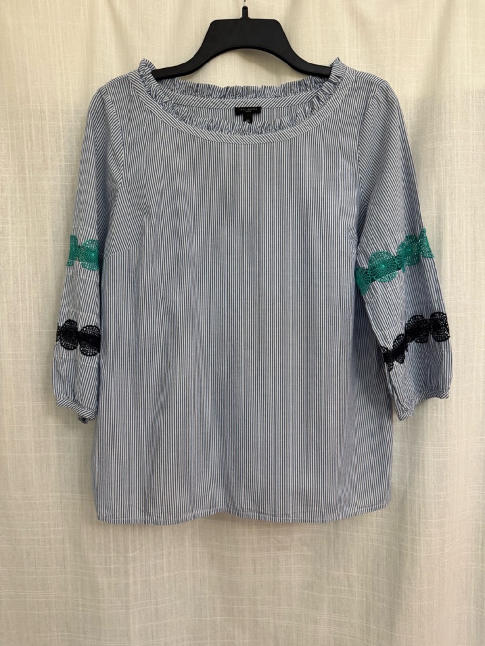 Talbots Petite Medium Blue & White Striped Boatneck Embroidered Poplin Blouse
